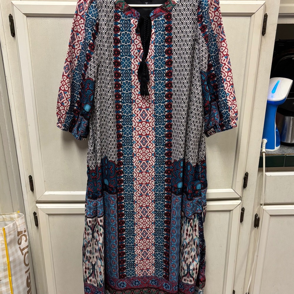 June + Vie Women's S Small Dress Blue Red White Patterned Bohemian Long Sleeve
